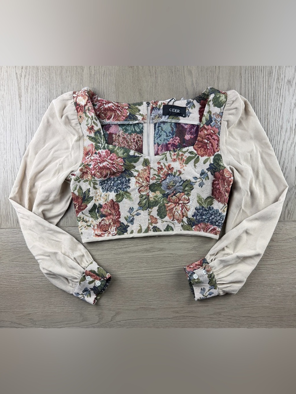 Cider Small Floral Tapestry Jacquard Crop Top Puff Sleeve Square Neck NWT